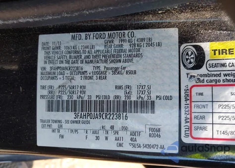 2012 Ford Fusion Sel from USA, damaged, VIN 3FAHP0JA9CR223816